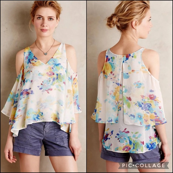 Anthropologie Tops - Anthro Maeve 100% Silk Watercolor Floral Cold Shoulder Tank Blouse Top